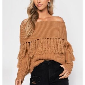 Tobi Camel Off-Shoulder Fringe Sweater
